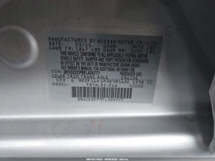 2015 Nissan Versa Note Sv VIN: 3N1CE2CP9FL424777 Lot: 43174520