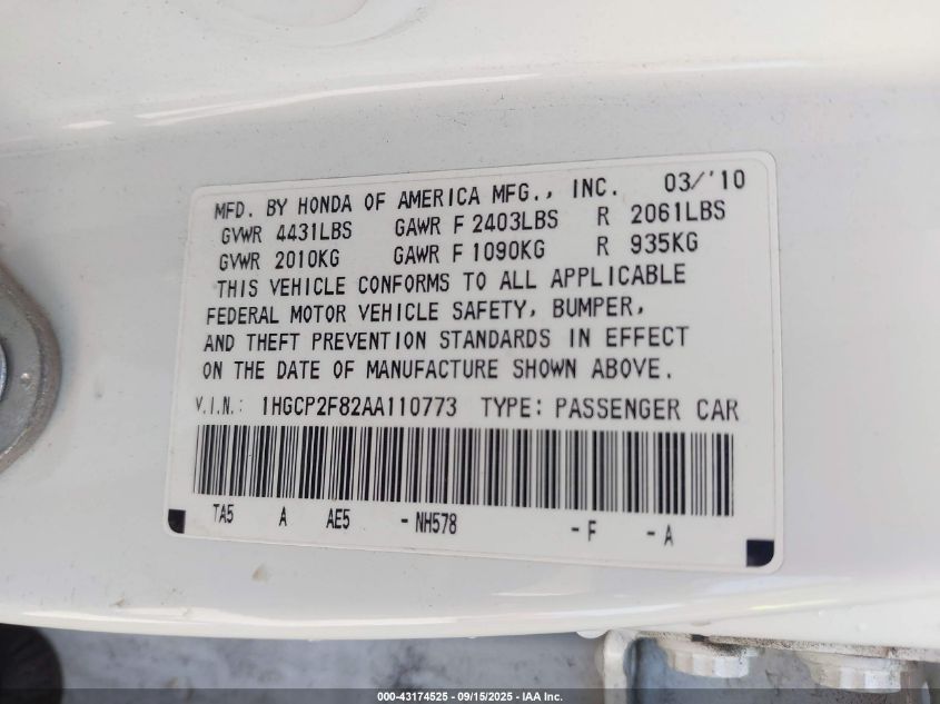 2010 Honda Accord 2.4 Ex-L VIN: 1HGCP2F82AA110773 Lot: 43174525