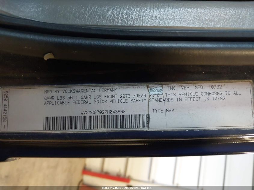 1993 Volkswagen Eurovan Mv VIN: WV2MC0702PH043668 Lot: 43174535