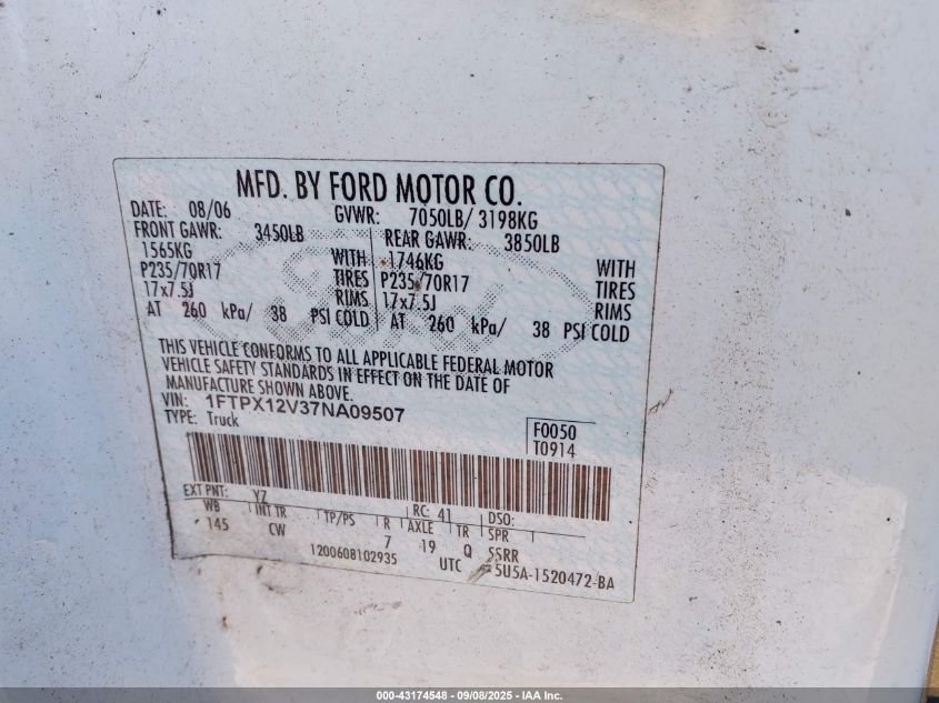 2007 Ford F-150 Lariat/Stx/Xl/Xlt VIN: 1FTPX12V37NA09507 Lot: 43174548