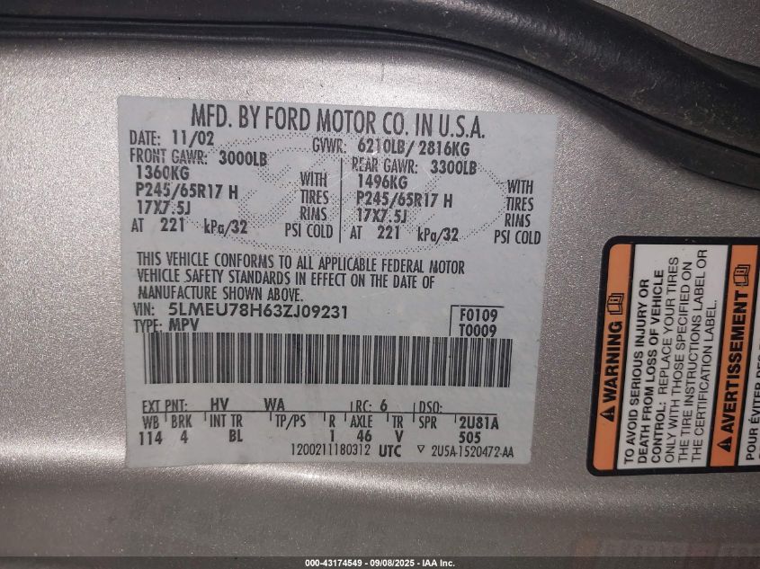 2003 Lincoln Aviator VIN: 5LMEU78H63ZJ09231 Lot: 43174549