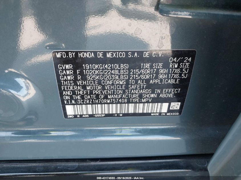 2024 Honda Hr-V 2Wd Ex-L/2Wd Ex-L W/O Bsi VIN: 3CZRZ1H70RM757408 Lot: 43174555