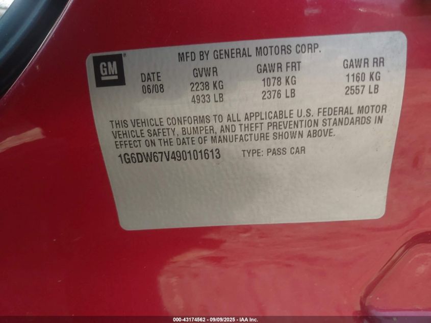 2009 Cadillac Sts V6 VIN: 1G6DW67V490101613 Lot: 43174562