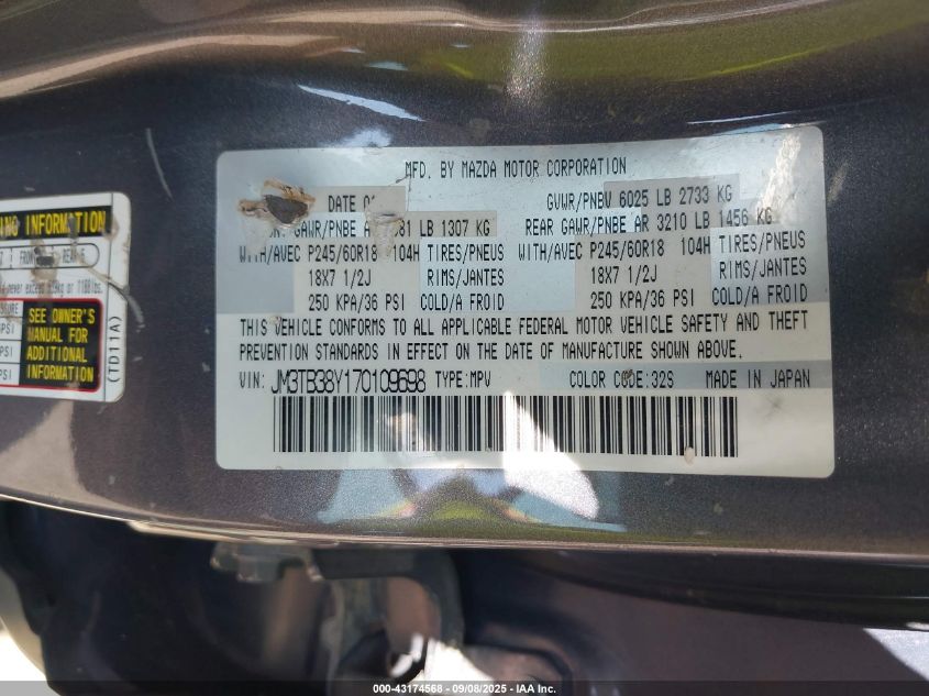 2007 Mazda Cx-9 Sport VIN: JM3TB38Y170109698 Lot: 43174568