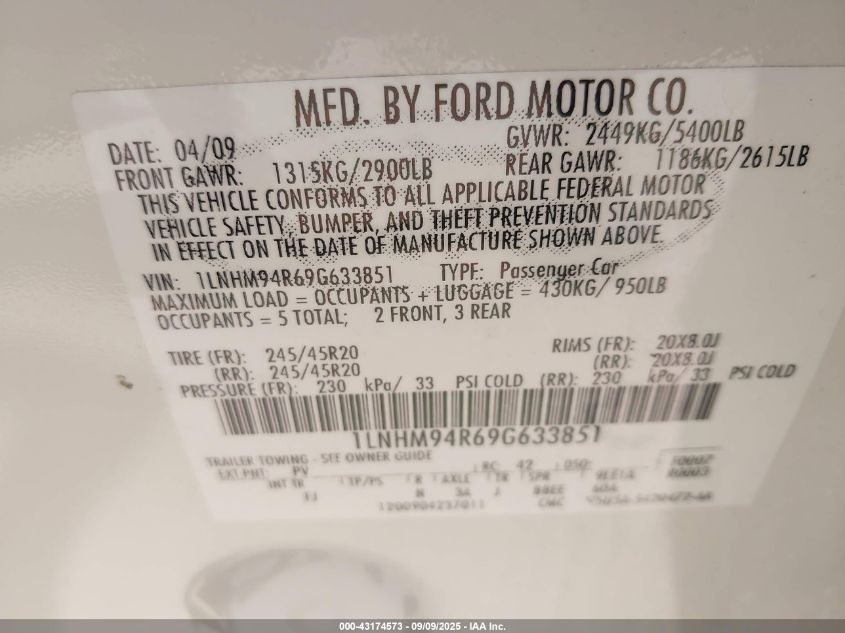 2009 Lincoln Mks VIN: 1LNHM94R69G633851 Lot: 43174573