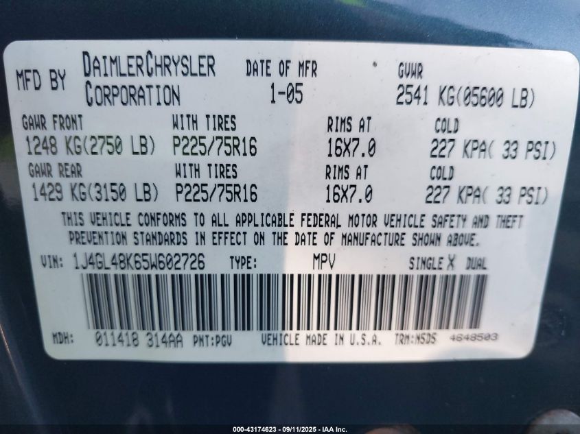 2005 Jeep Liberty Sport VIN: 1J4GL48K65W602726 Lot: 43174623