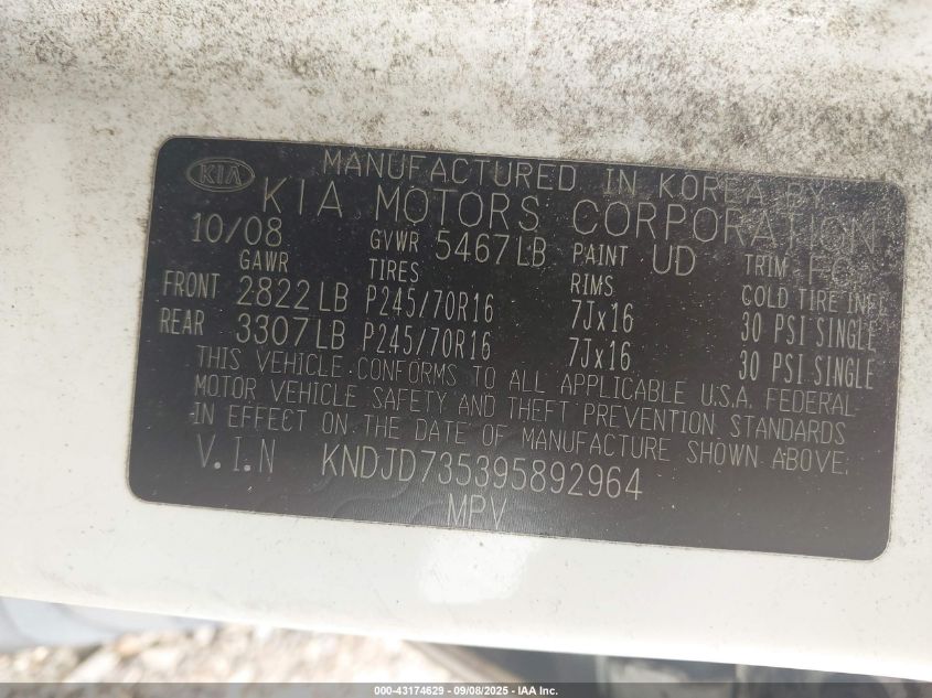 2009 Kia Sorento Lx VIN: KNDJD735395892964 Lot: 43174629