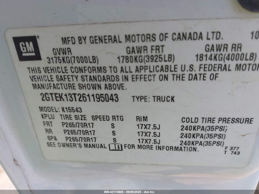 2006 GMC Sierra 1500 Sle1 VIN: 2GTEK13T261195043 Lot: 43174685