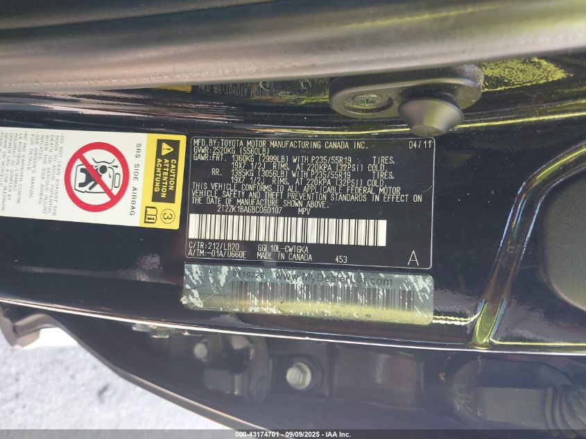 2011 Lexus Rx 350 VIN: 2T2ZK1BA6BC060107 Lot: 43174701