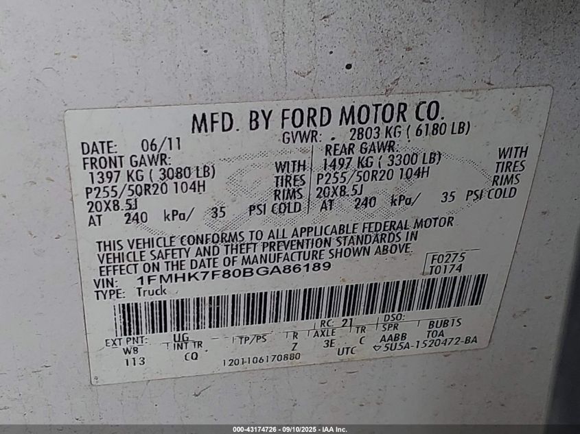 2011 Ford Explorer Limited VIN: 1FMHK7F80BGA86189 Lot: 43174726