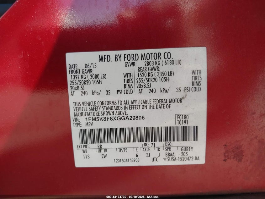 2016 FORD EXPLORER LIMITED 1FM5K8F8XGGA29806