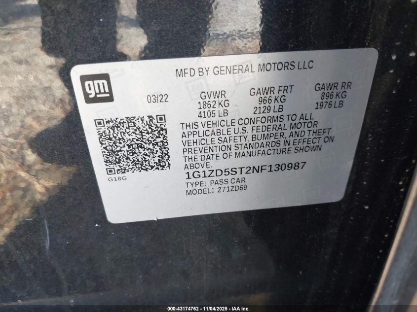 2022 Chevrolet Malibu Fwd Lt VIN: 1G1ZD5ST2NF130987 Lot: 43174762