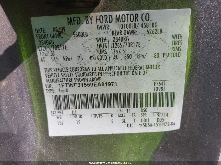 2009 Ford F-350 Xl/Xlt VIN: 1FTWF31559EA81971 Lot: 43174770
