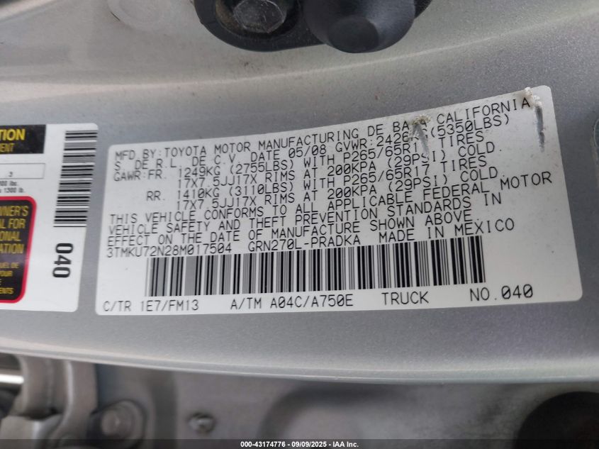 2008 Toyota Tacoma Dbl Cab Prerunner Lng Bed VIN: 3TMKU72N28M017504 Lot: 43174776