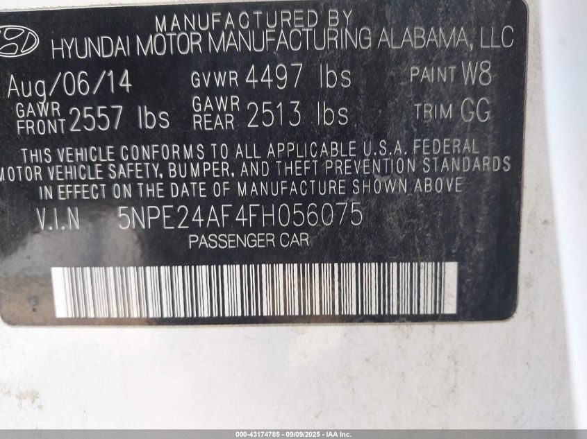 2015 Hyundai Sonata Se VIN: 5NPE24AF4FH056075 Lot: 43174785