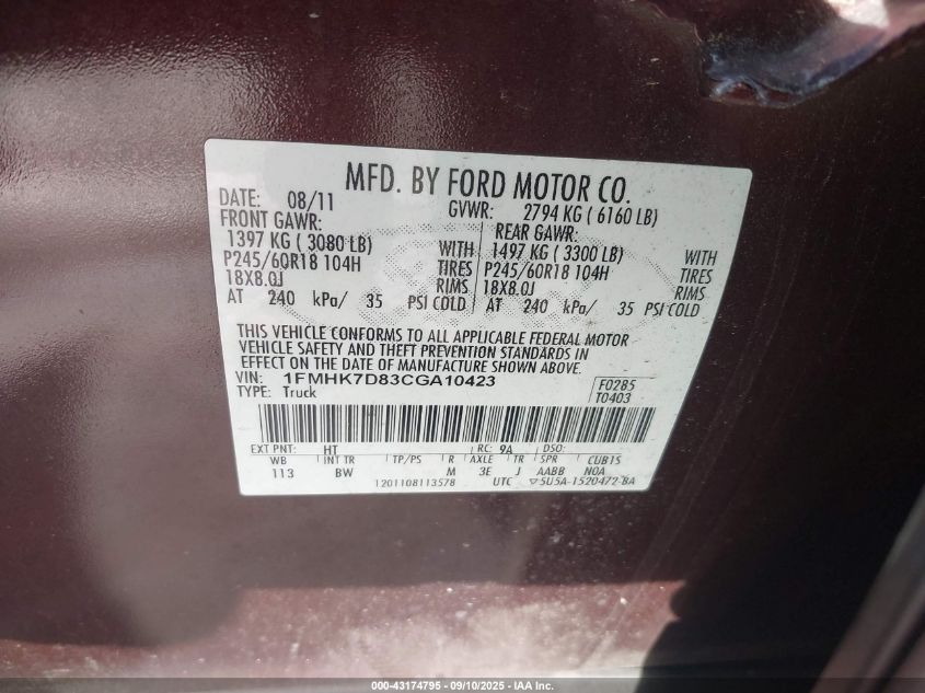 2012 Ford Explorer Xlt VIN: 1FMHK7D83CGA10423 Lot: 43174795