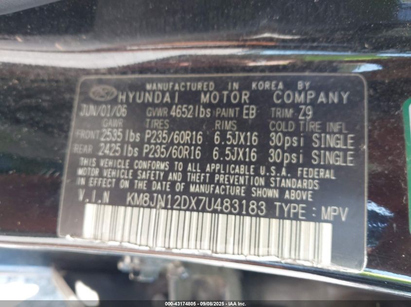 2007 Hyundai Tucson Se/Limited VIN: KM8JN12DX7U483183 Lot: 43174805