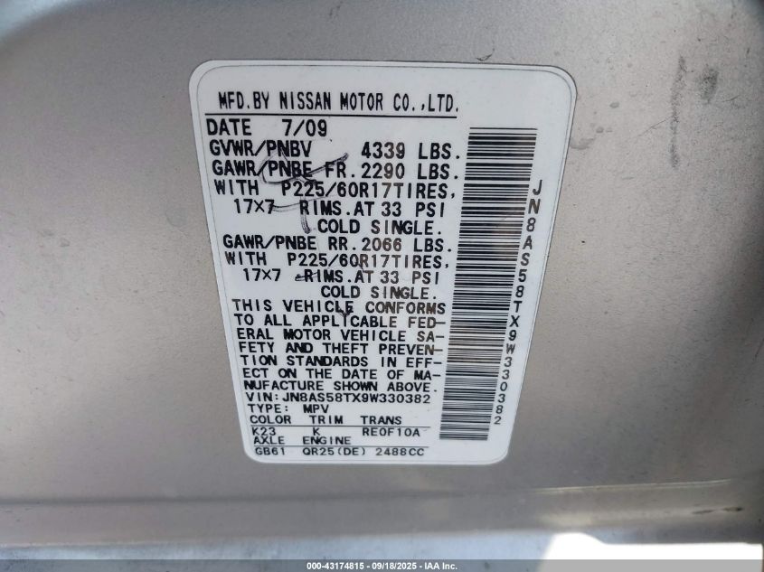 2009 Nissan Rogue Sl VIN: JN8AS58TX9W330382 Lot: 43174815