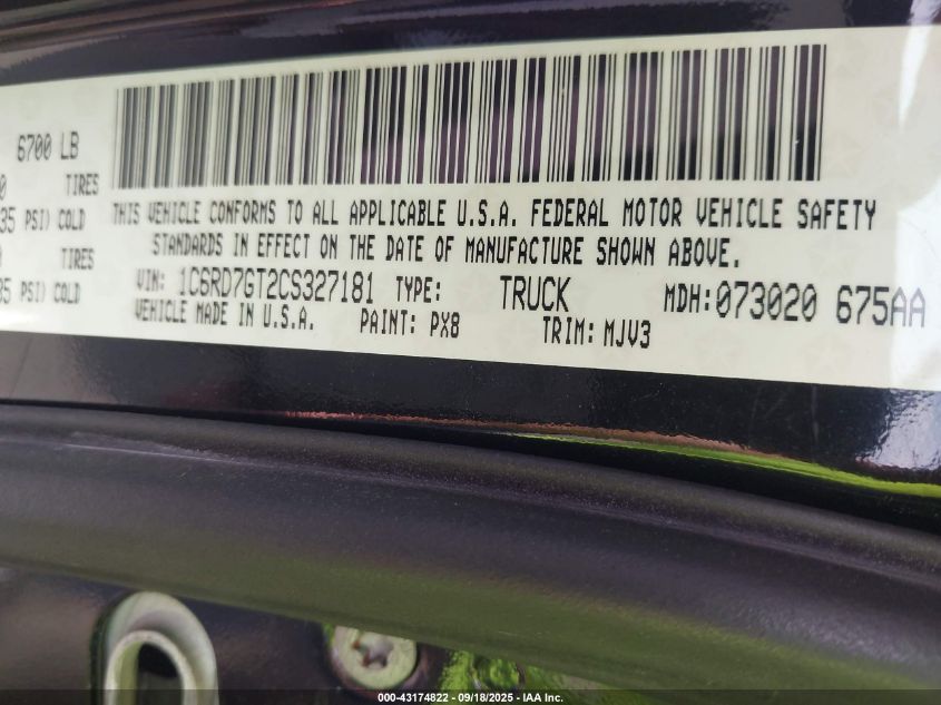 2012 Ram 1500 Slt VIN: 1C6RD7GT2CS327181 Lot: 43174822