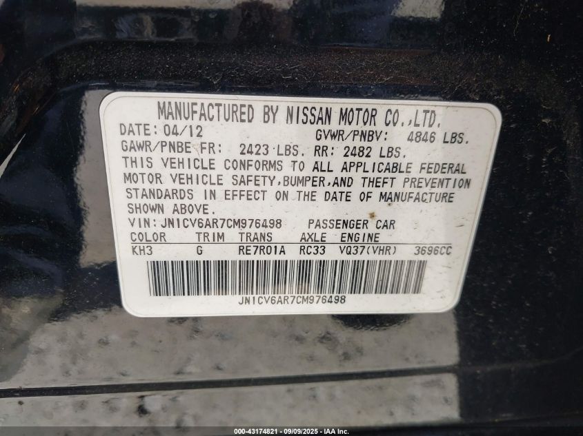 2012 Infiniti G37X VIN: JN1CV6AR7CM976498 Lot: 43174821