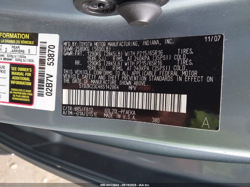 2008 Toyota Sienna Ce VIN: 5TDZK23C48S142864 Lot: 43174842