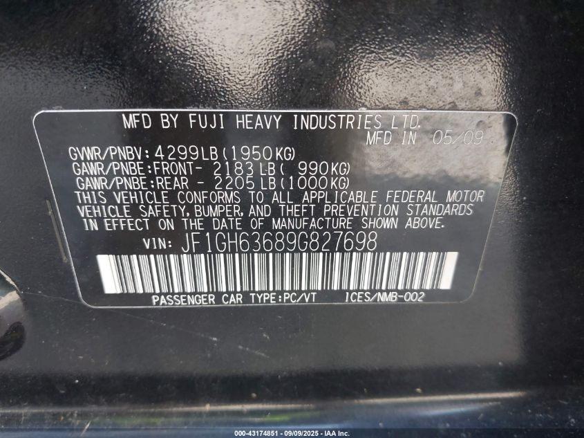 2009 Subaru Impreza Outback Sport VIN: JF1GH63689G827698 Lot: 43174851