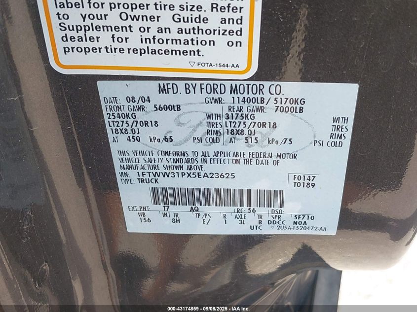 2005 Ford F-350 Lariat/Xl/Xlt VIN: 1FTWW31PX5EA23625 Lot: 43174859