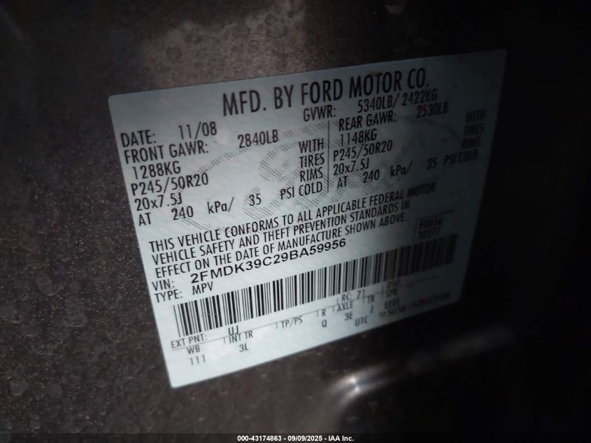 2009 Ford Edge Limited VIN: 2FMDK39C29BA59956 Lot: 43174863