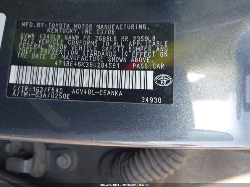 2009 Toyota Camry Le VIN: 4T1BE46K39U284591 Lot: 43174891