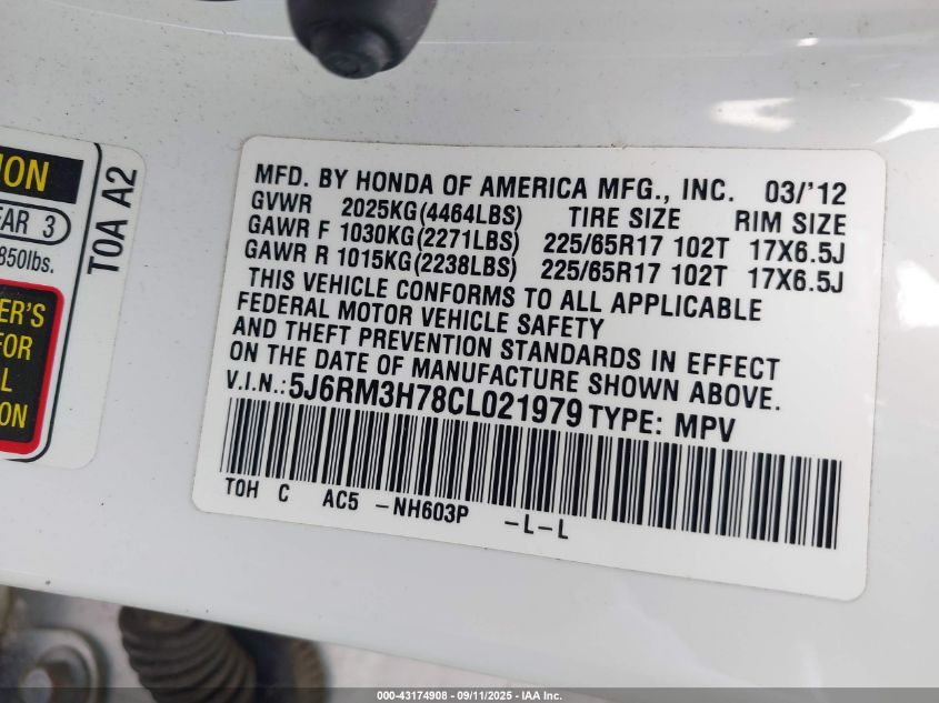 2012 Honda Cr-V Ex-L VIN: 5J6RM3H78CL021979 Lot: 43174908