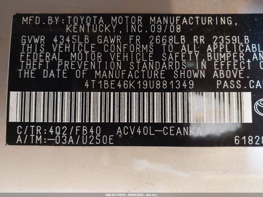 2009 Toyota Camry Le VIN: 4T1BE46K19U881349 Lot: 43174919