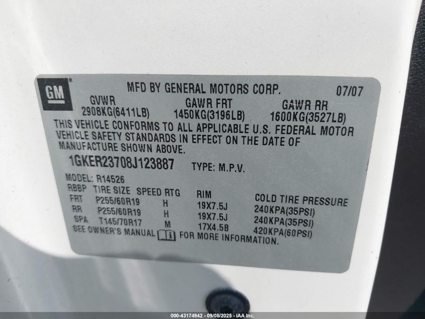 2008 GMC Acadia Slt-1 VIN: 1GKER23708J123887 Lot: 43174942