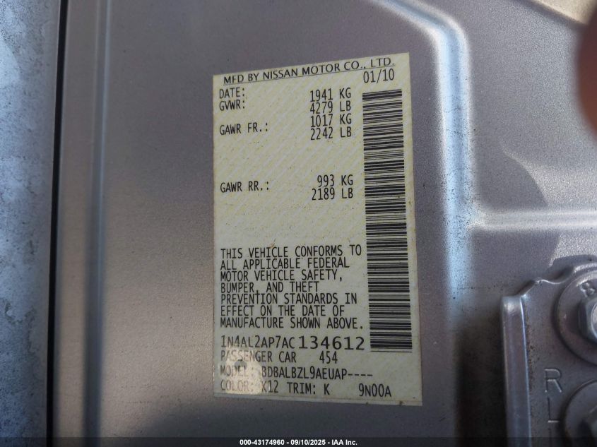 2010 Nissan Altima 2.5 S VIN: 1N4AL2AP7AC134612 Lot: 43174960