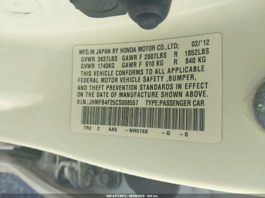 2012 Honda Civic Hybrid VIN: JHMFB4F25CS008557 Lot: 43174973