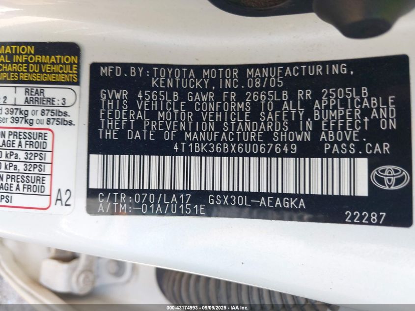 2006 Toyota Avalon Xls VIN: 4T1BK36BX6U067649 Lot: 43174993