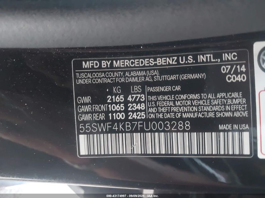 2015 Mercedes-Benz C 300 4Matic VIN: 55SWF4KB7FU003288 Lot: 43174997