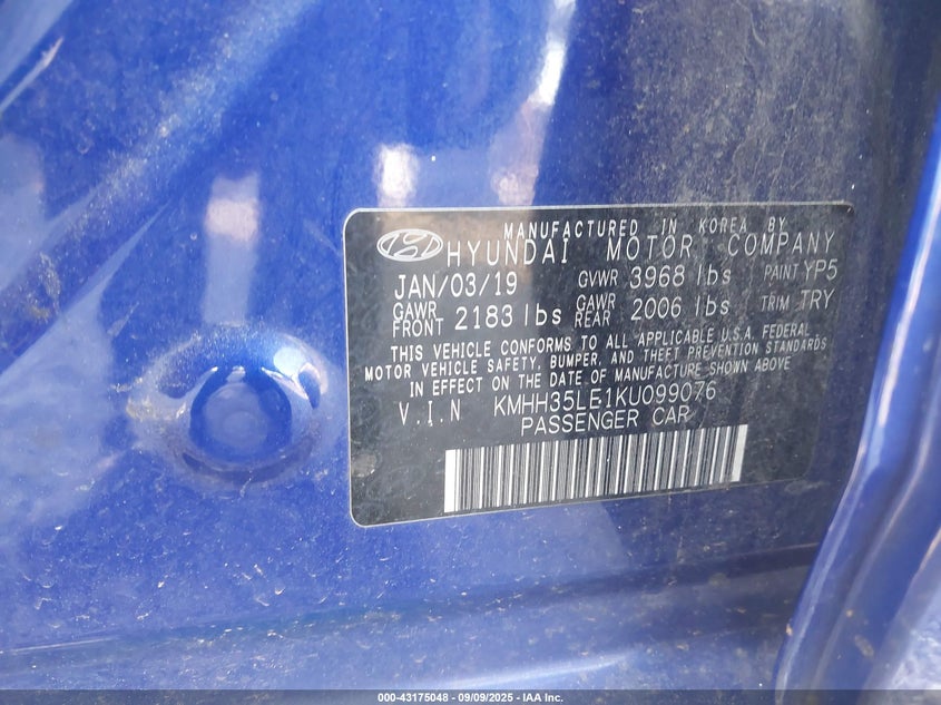 2019 Hyundai Elantra Gt VIN: KMHH35LE1KU099076 Lot: 43175048