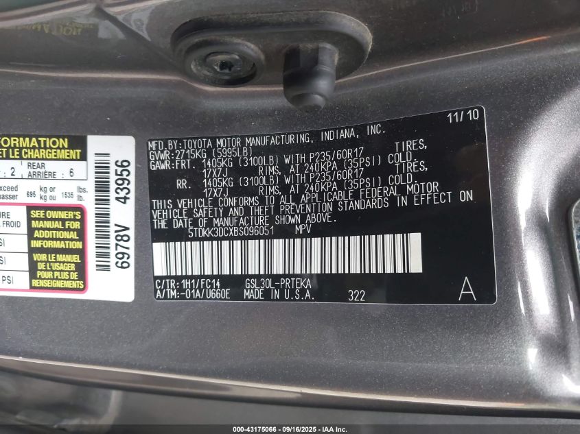 2011 Toyota Sienna Le V6 VIN: 5TDKK3DCXBS096051 Lot: 43175066