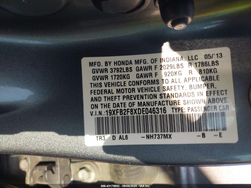 2013 Honda Civic Ex VIN: 19XFB2F8XDE046316 Lot: 43175092