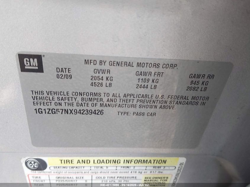 2009 Chevrolet Malibu Ls VIN: 1G1ZG57NX94239426 Lot: 43175098