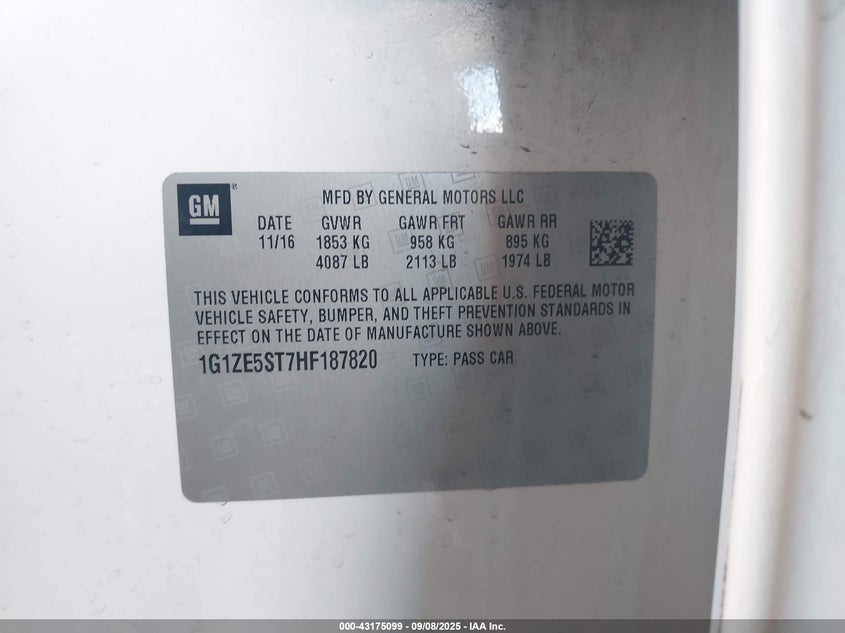 2017 Chevrolet Malibu 1Lt VIN: 1G1ZE5ST7HF187820 Lot: 43175099