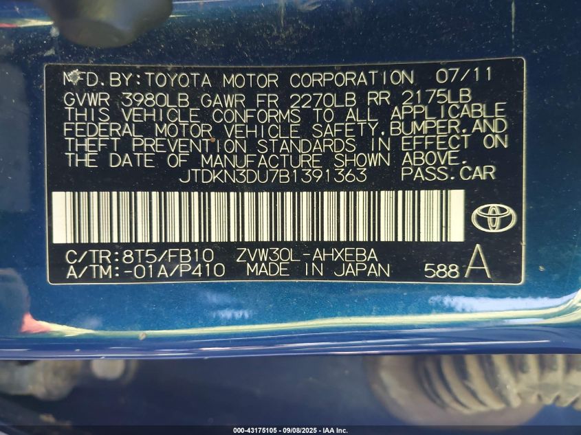 2011 Toyota Prius Three VIN: JTDKN3DU7B1391363 Lot: 43175105