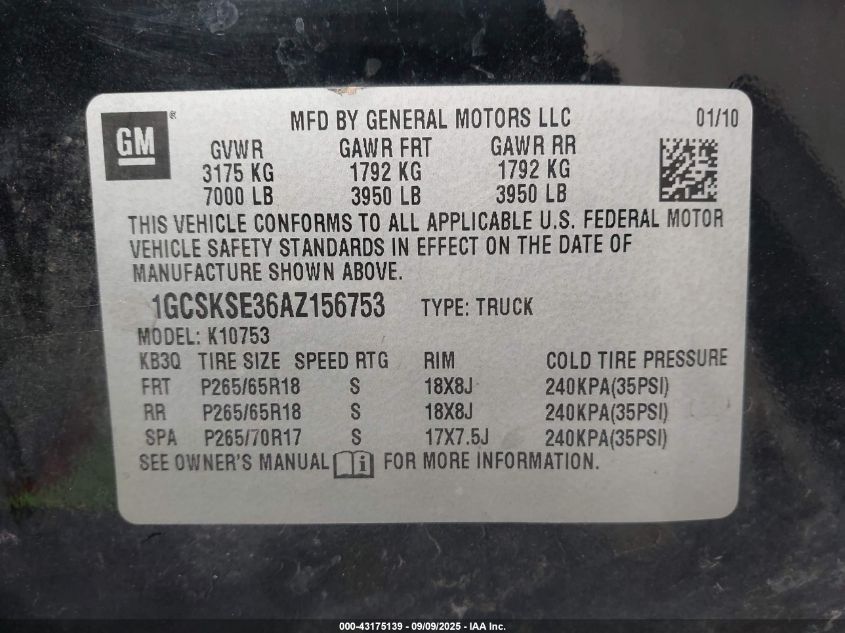 2010 Chevrolet Silverado 1500 Lt VIN: 1GCSKSE36AZ156753 Lot: 43175139