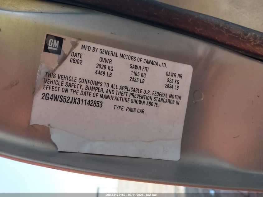 2003 Buick Century Custom VIN: 2G4WS52JX31142853 Lot: 43175150