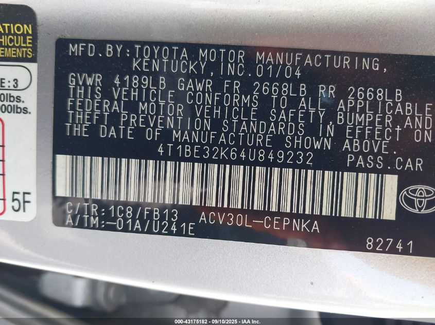 2004 Toyota Camry Le VIN: 4T1BE32K64U849232 Lot: 43175182