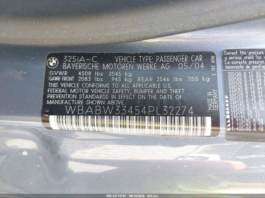 2004 BMW 325Ci VIN: WBABW33454PL32274 Lot: 43175197
