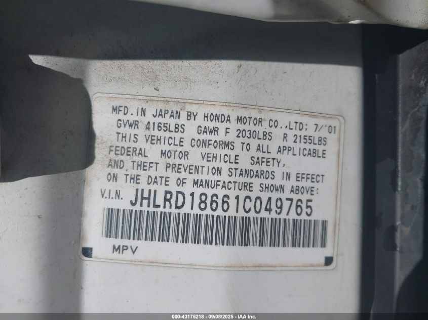 2001 Honda Cr-V Ex VIN: JHLRD18661C049765 Lot: 43175218
