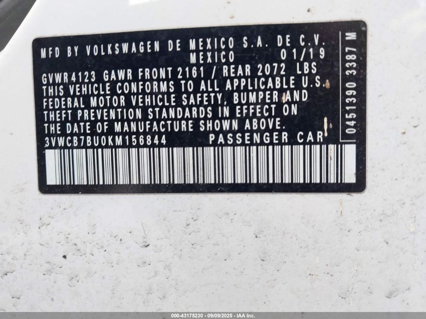 2019 Volkswagen Jetta 1.4T R-Line/1.4T S/1.4T Se VIN: 3VWCB7BU0KM156844 Lot: 43175230