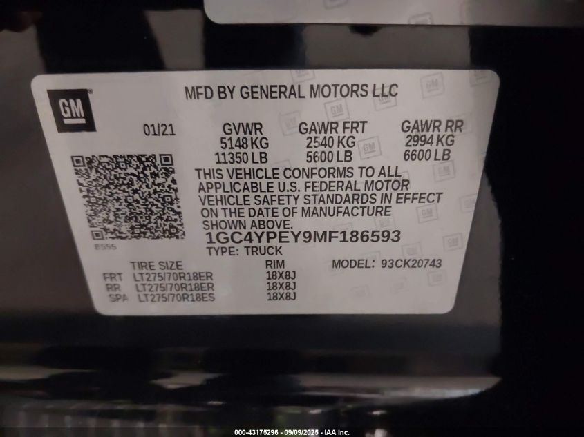 2021 Chevrolet Silverado 2500Hd 4Wd Standard Bed Ltz VIN: 1GC4YPEY9MF186593 Lot: 43175296