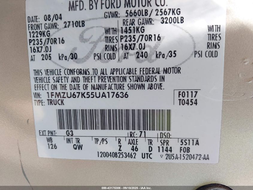 2005 Ford Explorer Sport Trac Adrenalin/Xls/Xlt VIN: 1FMZU67K55UA17636 Lot: 43175306